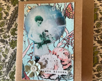 Handmade Mixed Media Card with Recycled Fabric and Vintage Photo - Blank Inside - Eco Friendly Greeting Card FC 6