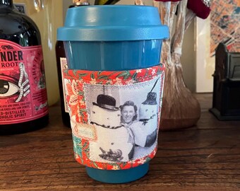 Retro-Inspired Quilted Holiday Coffee Cozy - Heat Reflective & Decorative - Original Print Design on Recycled Fabric - Unique gift - CC 2
