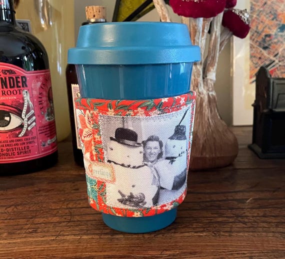 Retro-Inspired Quilted Holiday Coffee Cozy - Heat Reflective & Decorative - Original Print Design on Recycled Fabric - Unique gift - CC 2
