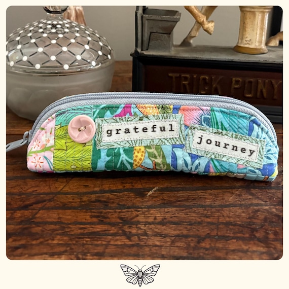 Handmade Quilted Eyeglass Case – Zippered Fabric Pouch, Vintage Button, Patchwork