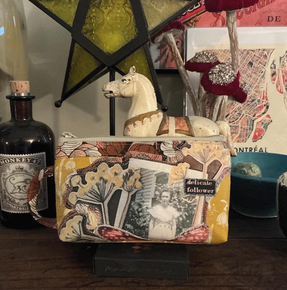 Mini Handmade Recycled Zipper Pouch - Eco-Friendly Small Cosmetic Bag - Vintage Inspired Design on Recycled Fabric - Essentials Pouch SZP 4