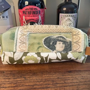 Nostalgic Unique Vintage inspired -Fabric Collage Wristlet -Zipper Pouch -Dopp kit - Makeup- Original Design -Printed on Recycle fabric LW3