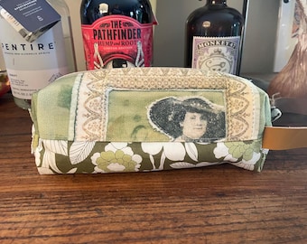 Nostalgic Unique Vintage inspired -Fabric Collage Wristlet -Zipper Pouch -Dopp kit - Makeup- Original Design -Printed on Recycle fabric LW3