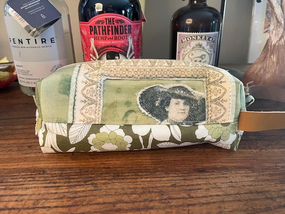 Nostalgic Unique Vintage inspired -Fabric Collage Wristlet -Zipper Pouch -Dopp kit - Makeup- Original Design -Printed on Recycle fabric LW3