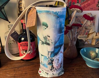 Wine & Water Bottle Tote - Floral Lady Handmade vintage inspired - original design printed on fabric from recycled plastic bottles WT 13