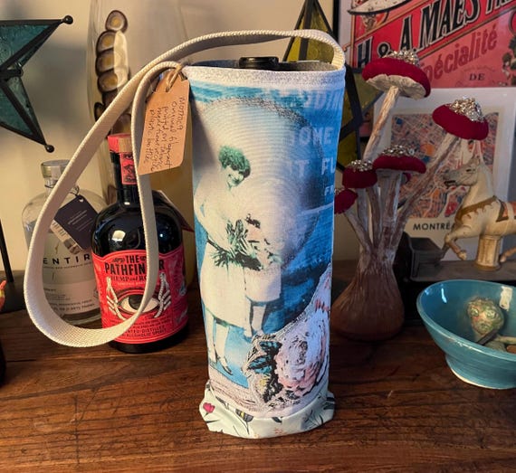 Wine & Water Bottle Tote - Floral Lady Handmade vintage inspired - original design printed on fabric from recycled plastic bottles WT 13