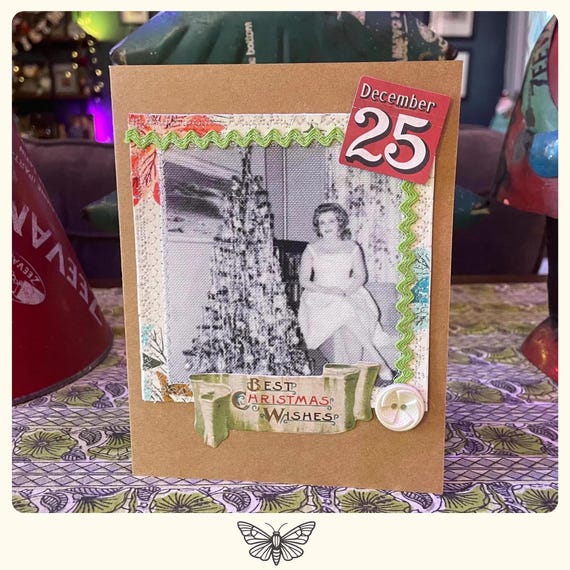 Handmade Vintage Photo Christmas Card: Mixed Media Fabric Design HC 12