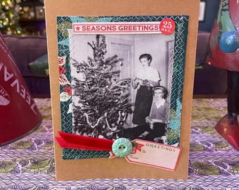 Handmade Holiday Christmas Card - Mixed Media Design with Recycled Fabric, Sustainable Materials, & Vintage-Inspired Details HC 7