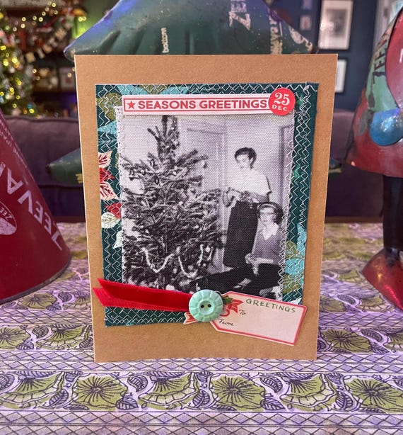 Handmade Holiday Christmas Card - Mixed Media Design with Recycled Fabric, Sustainable Materials, & Vintage-Inspired Details HC 7
