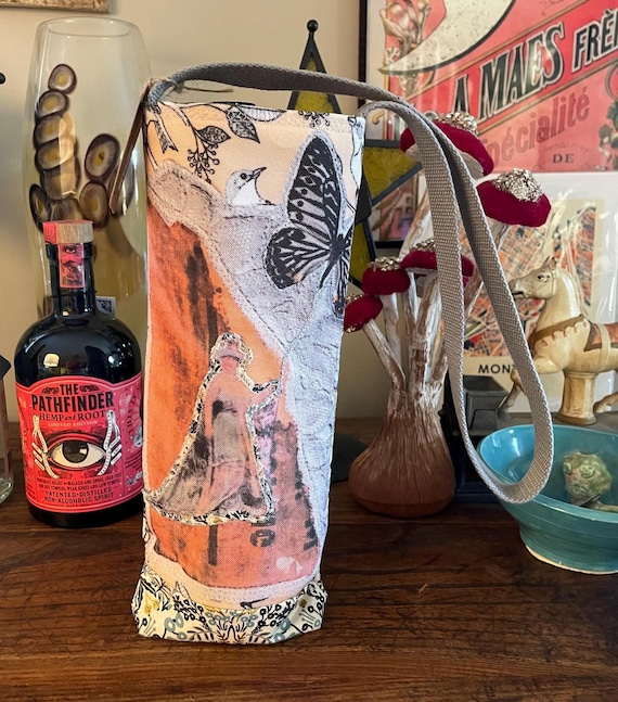 Handmade Wine Bottle Tote "Queen Wings" Vintage-Inspired Water/Wine Carrier, Eco-Friendly Fabric, Reusable Gift Bag, Durable & Stylish – WT4