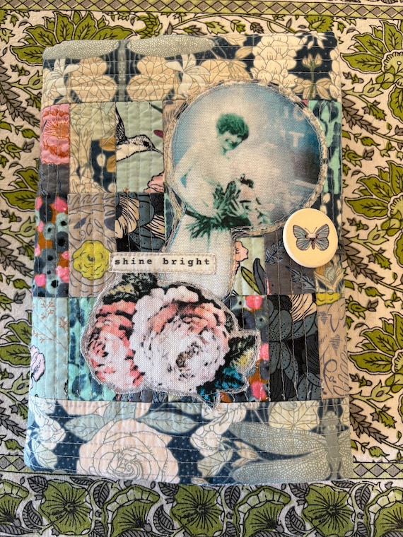Handmade Quilted A5 Journal Cover: Recycled Fabric, Artisan Clay Button