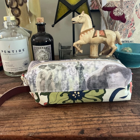 Eiffel Tower Vintage inspired - Fabric Collage Wristlet -Zipper Pouch - Dopp kit- Makeup -Original Design Printed on Recycle fabric  LW2
