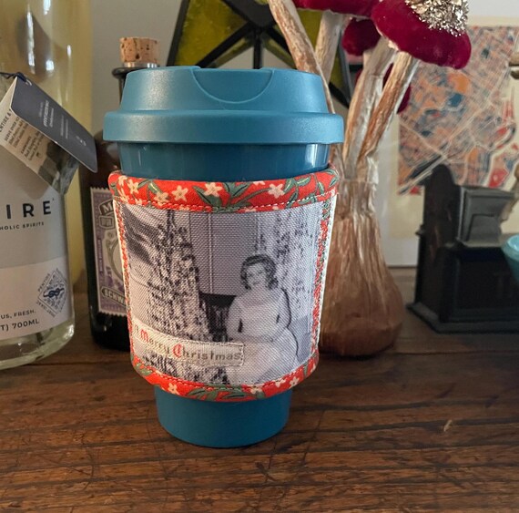 Christmas Lady Quilted Holiday Coffee Cozy - Heat Reflective & Decorative - Original Print Design on Recycled Fabric - Unique gift - CC 1
