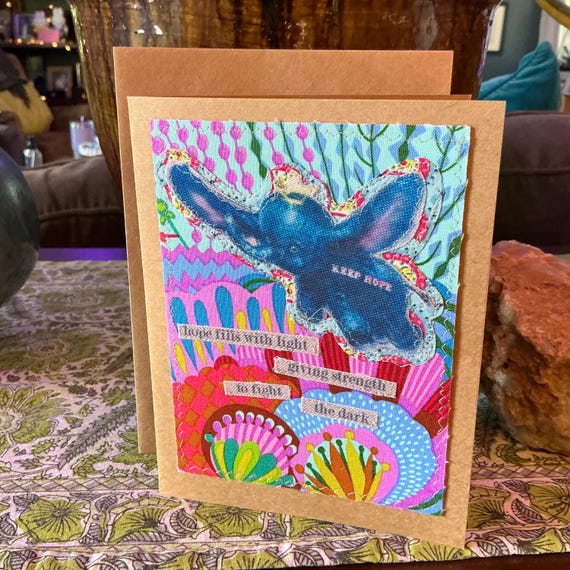 Paris Street Art Elephant Card: Handmade Mixed Media, Recycled Fabric. FC 13