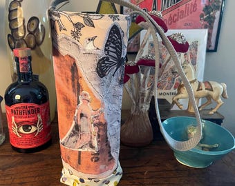 Wine & Water Bottle Tote - Queen Wings Handmade vintage inspired original design printed on fabric made with recycled plastic bottles WT 12