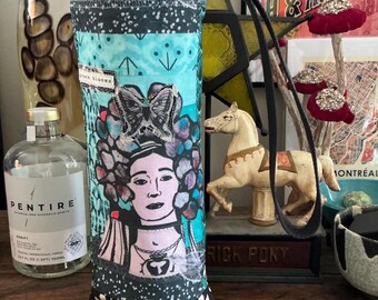 Floral Goddess Wine Tote - Handmade vintage inspired  - original fabric design printed on fabric made with recycled plastic bottles WT 22