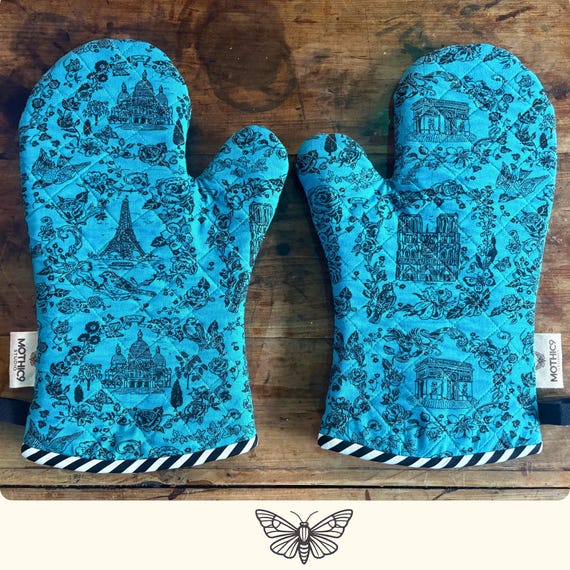Handmade Quilted Oven Mitts – Boho Paris Print, Insulated Kitchen Protection