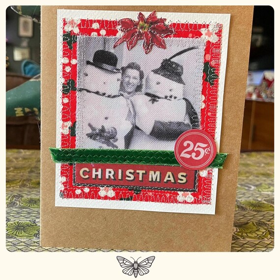 Handmade Holiday Christmas Card - Mixed Media Design with Recycled Fabric, Sustainable Materials, & Vintage-Inspired Details HC 4