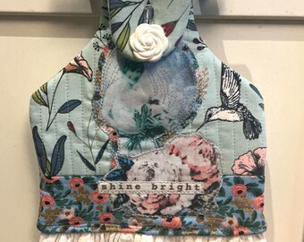 Floral Lady -Rifle Paper Co - Inspired Quilted Decorative Kitchen Towel- Original Design on Recycled Fabric - with organic cotton - KT 1