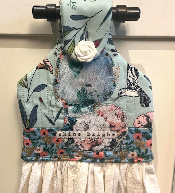 Floral Lady -Rifle Paper Co - Inspired Quilted Decorative Kitchen Towel- Original Design on Recycled Fabric - with organic cotton - KT 1