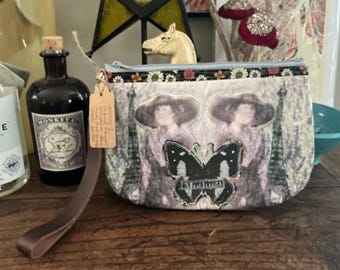 Eiffel Tower Victorian  -Fabric Quilted Collage Clutch Wristlet - Zipper Pouch - Original Design - Printed on Recycle fabric - Handmade LW1