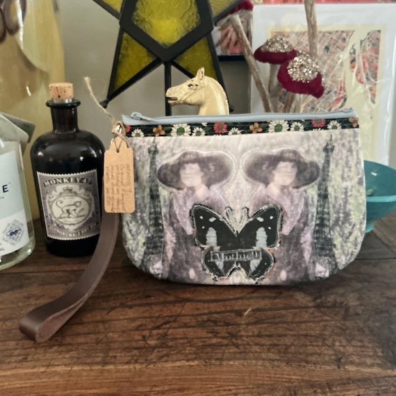 Eiffel Tower Victorian  -Fabric Quilted Collage Clutch Wristlet - Zipper Pouch - Original Design - Printed on Recycle fabric - Handmade LW1