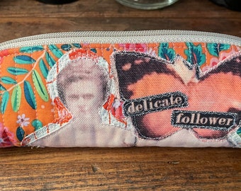 Quilted zipper pouch (4LRG)- Handmade vintage inspired original design printed on fabric made with recycled plastic bottles