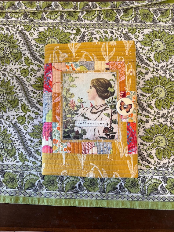 Handmade Quilted A5 Journal Cover: Recycled Fabric, Artisan Clay Button - truly unique no two are the same - one of a kind