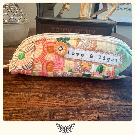 Handmade Quilted Eyeglass Case – Zippered Fabric Pouch, Vintage Button, Patchwork