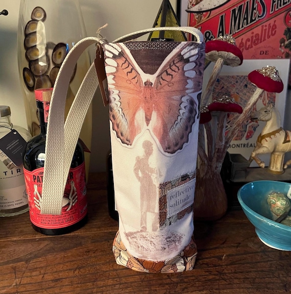 Wine Tote -Water Bottle Tote -Reflective Solitude Original fiber art design printed on recycled fabric - practical, unique & beautiful WT 18