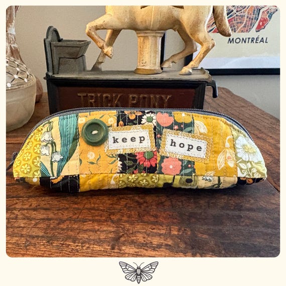 Handmade Quilted Eyeglass Case – Zippered Fabric Pouch, Vintage Button, Patchwork