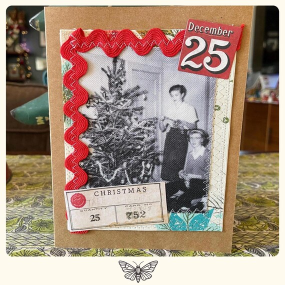 Handmade Vintage Photo Christmas Card: Recycled Fabric Mixed Media HC 3
