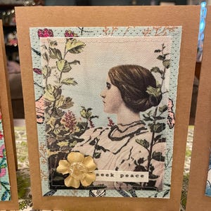 Cartão feito à mão com técnica mista, tecido reciclado e foto vintage - interior em branco - Cartão de felicitações ecológico FC 2