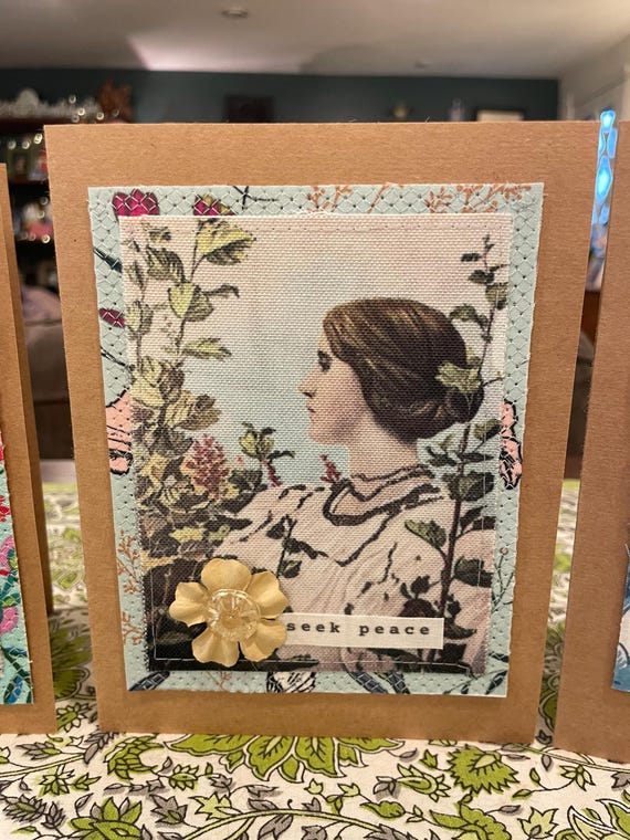 Handmade Mixed Media Card with Recycled Fabric and Vintage Photo - Blank Inside - Eco Friendly Greeting Card FC 2