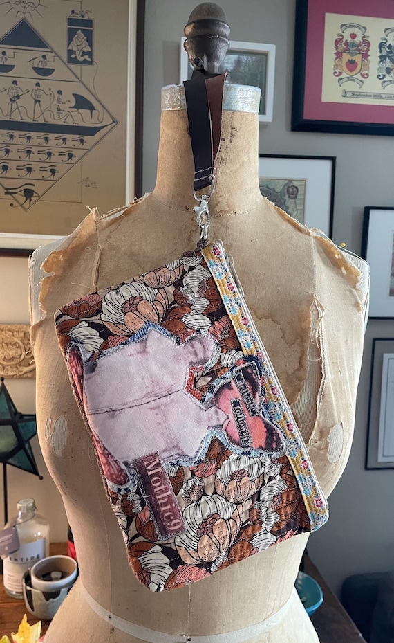 Handcrafted Quilted Clutch Wristlet - Butterfly Ladies Recycled Canvas - Original Vintage photo inspired Design- Leather strap LW 10