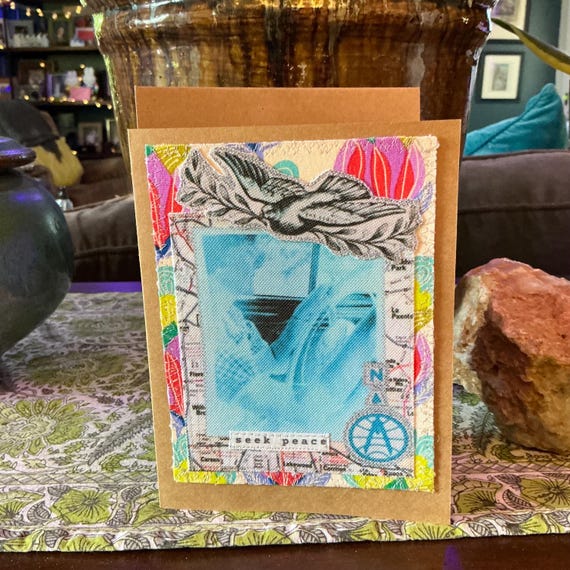 Handmade Mixed Media Card: Recycled Fabric, Vintage Photo, Eco-Friendly FC 12
