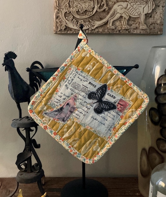 Butterfly Queen Vintage Postcard -Inspired Quilted Pot Holder/Trivet - Heat Reflective - Original Design on Recycled Fabric -HP 22