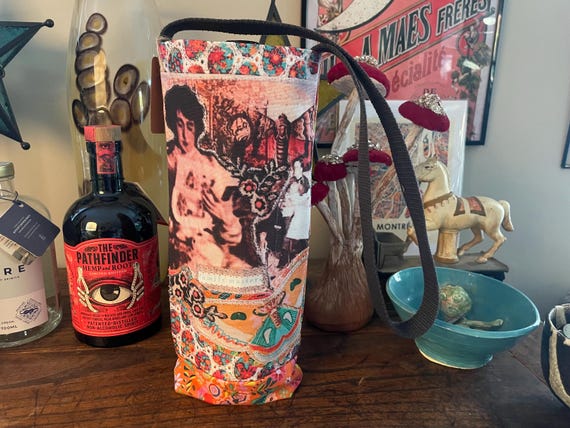 Wine & Water Bottle Tote -Victorian Rules Handmade vintage inspired original design printed on fabric from recycled plastic bottles WT 15