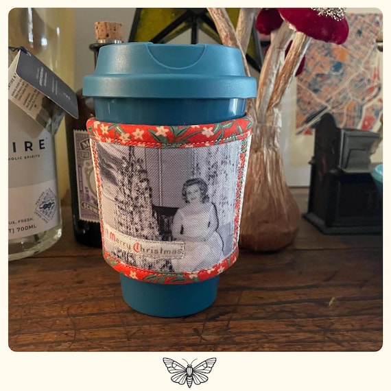 Christmas Lady Quilted Holiday Coffee Cozy - Heat Reflective & Decorative - Original Print Design on Recycled Fabric - Unique gift - CC 1