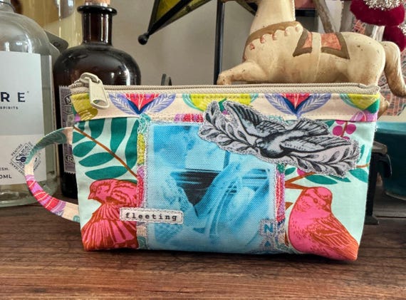 Mini Handmade Recycled Zipper Pouch - Eco-Friendly Small Cosmetic Bag - Vintage Inspired Design on Recycled Fabric - Essentials Pouch SZP 1