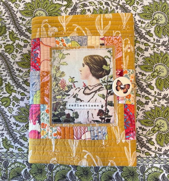 Handmade Quilted A5 Journal Cover: Recycled Fabric, Artisan Clay Button - truly unique no two are the same - one of a kind