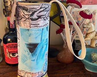 Nostalgic Map Retro Road Trip Joy Rider -Wine Tote Handmade vintage inspired design printed on fabric made with recycled plastic bottles WT8