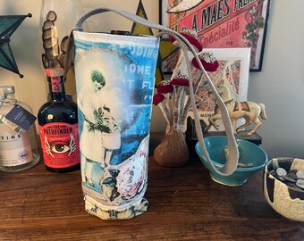 Wine & Water Bottle Tote -Floral Lady Handmade vintage inspired original design printed on fabric made with recycled plastic bottles WT 10