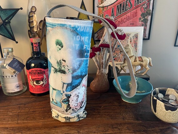 Wine & Water Bottle Tote -Floral Lady Handmade vintage inspired original design printed on fabric made with recycled plastic bottles WT 10
