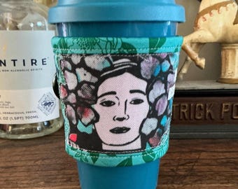 Nostalgic Floral Goddess -Inspired Quilted Coffee Cozy - Eco-Friendly Recycled Fabric - Unique Gift Idea - Original Design CC 11