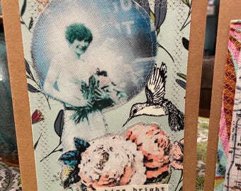 Handmade Mixed Media Card with Recycled Fabric and Vintage Photo - Blank Inside - Eco Friendly Greeting Card FC 5