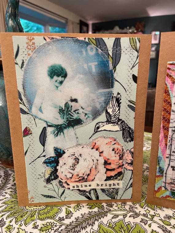 Handmade Mixed Media Card with Recycled Fabric and Vintage Photo - Blank Inside - Eco Friendly Greeting Card FC 5