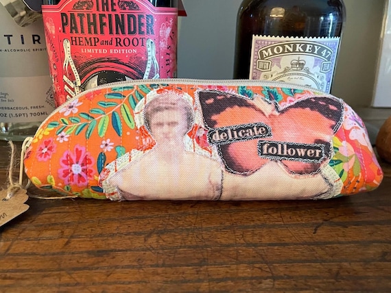 Handcrafted Quilted Pouch Bag - Butterfly Lady Vintage Photo-Inspired Design on Recycled Canvas, Makeup Bag with Eco-Friendly Applique EPL 1