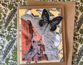 Handmade Mixed Media Card with Recycled Fabric and Vintage Photo - Blank Inside - Eco Friendly Greeting Card FC 10