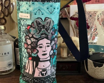 Floral Goddess Wine Tote - Handmade vintage inspired  - original fabric design printed on fabric made with recycled plastic bottles WT 21